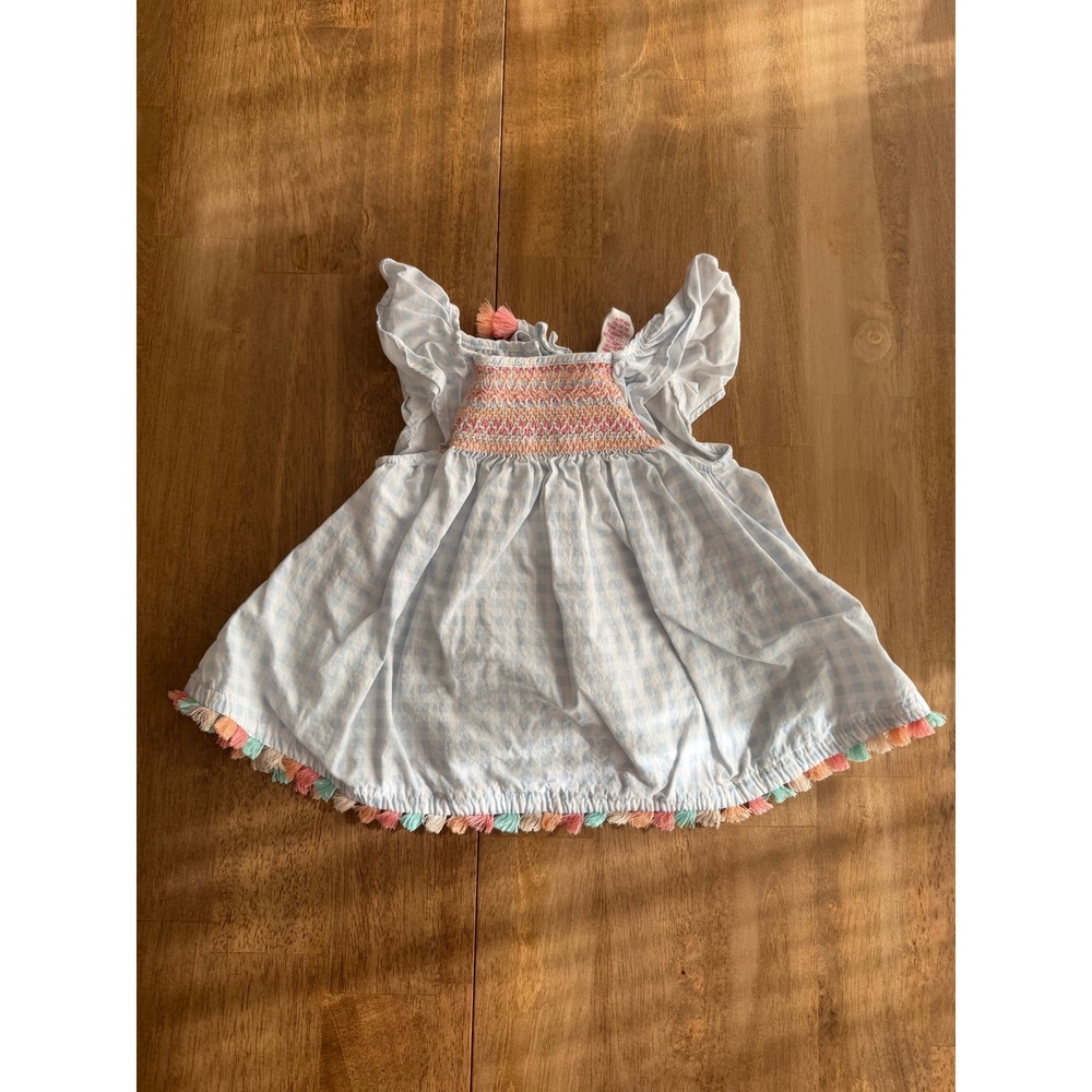 Artisan NY Toddler Girls Blue Gingham Smocked Tassel Flutter Sleeve Top 2T